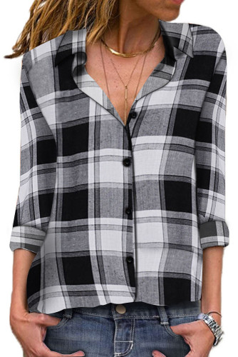 Black V Neck Roll up Sleeve Button Down Plaid Pattern Shirt
