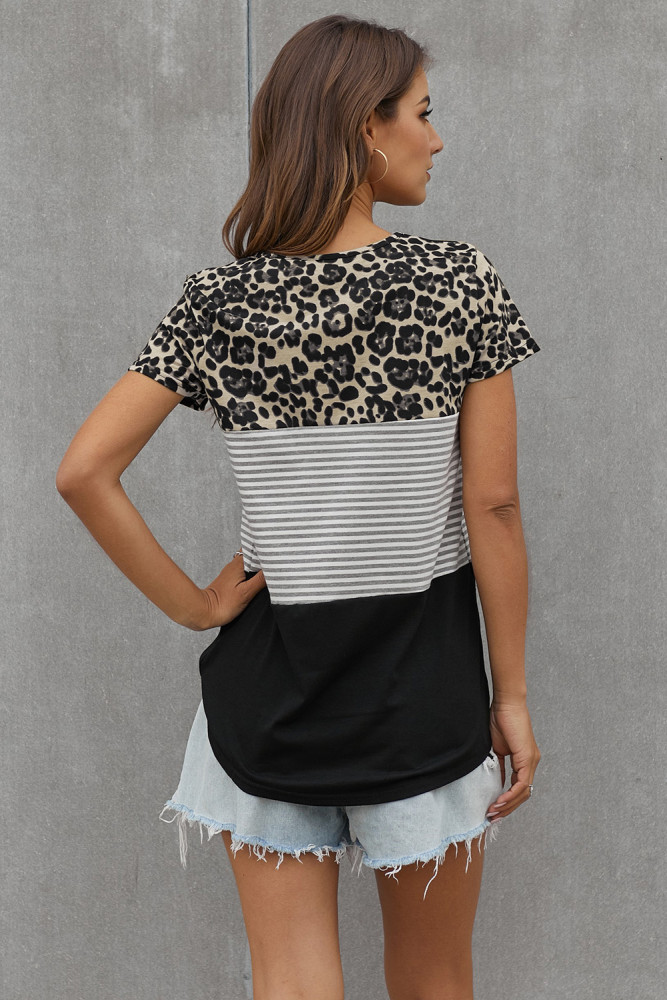 Black Block Striped and Leopard Short Sleeve Tee