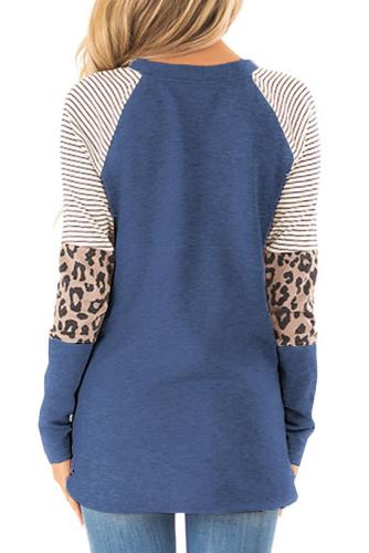 Blue Striped and Leopard Color Block Sleeves Top
