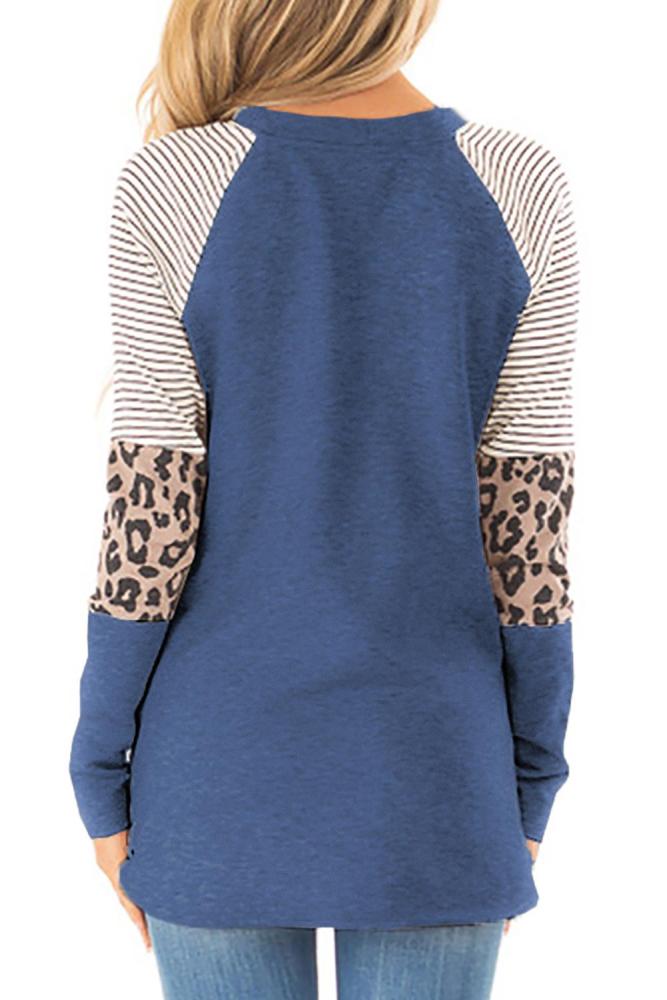 Blue Striped and Leopard Color Block Sleeves Top