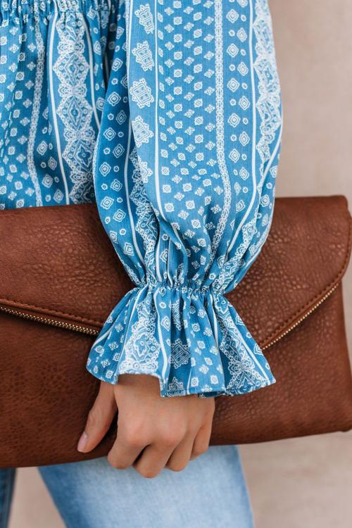 Sky Blue Bohemian Print Shirred Bodice Tunic Top