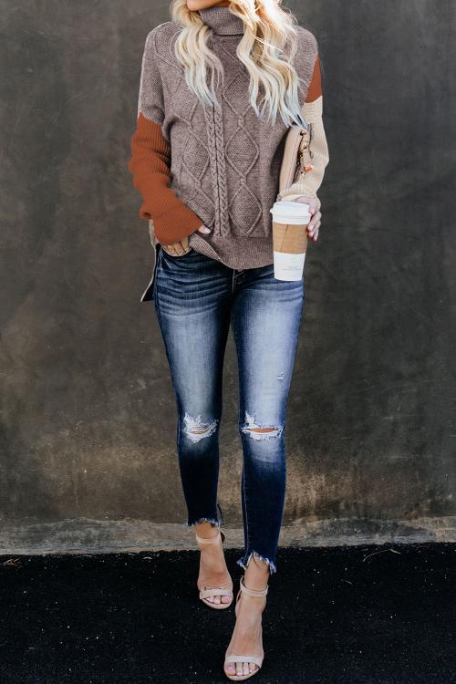 Orange Colorblock Cable Knit Sweater
