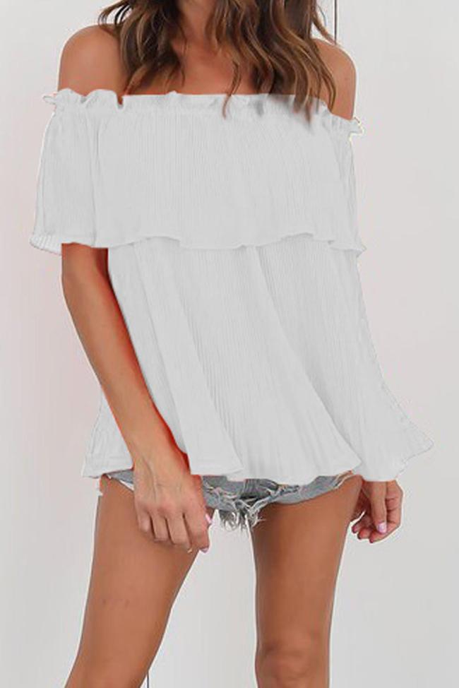 White Off-Shoulder Pleated Ruffle Blouse