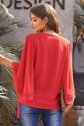Red Crochet Trim Wrap Blouse