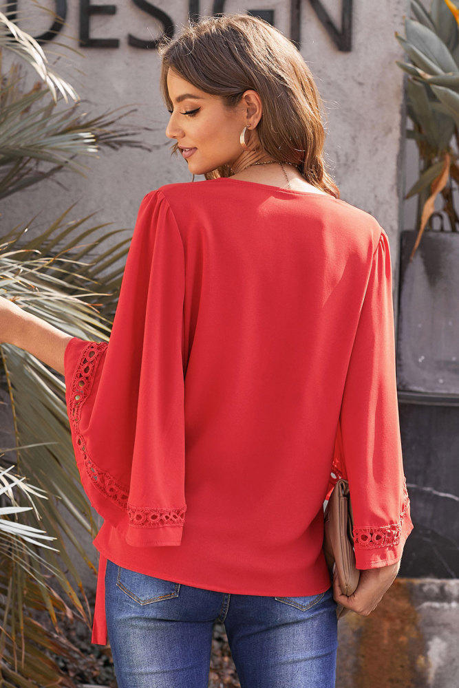 Red Crochet Trim Wrap Blouse