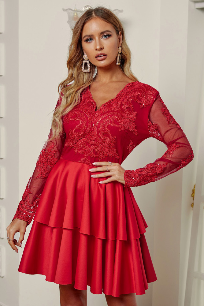 Red Sequin Embroidered Multilayer Skater Dress