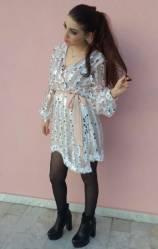 Apricot Sequin Surpliced Wrap Deep V Neck Party Mini Dress