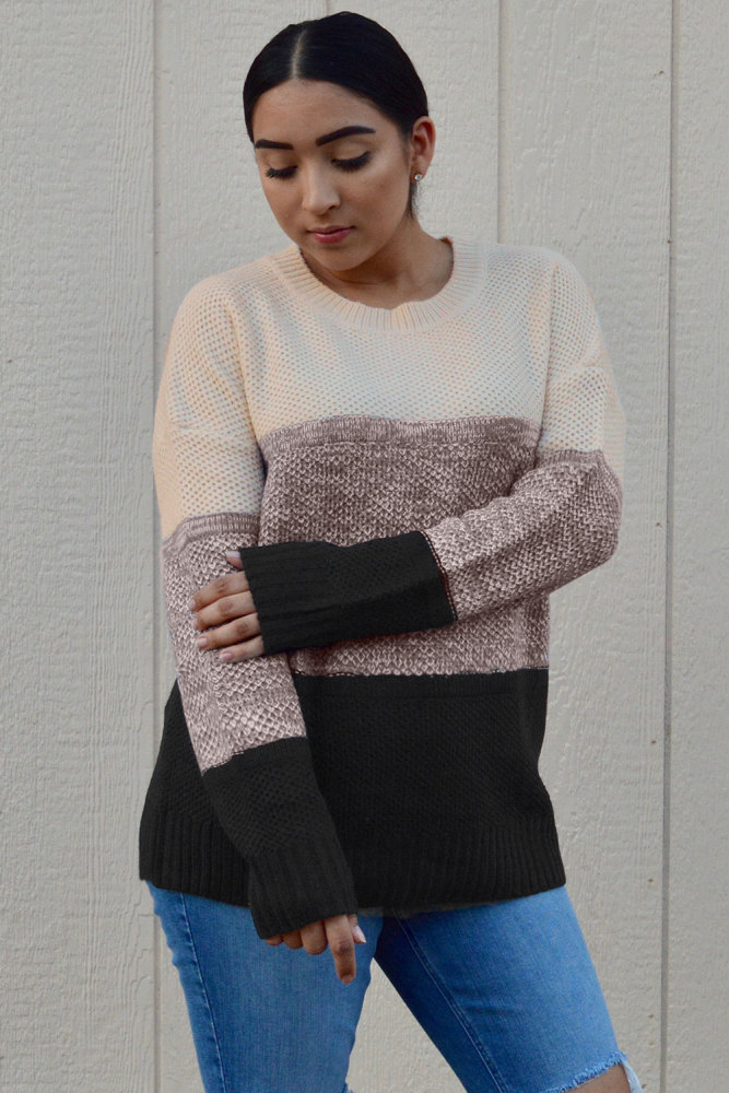 Black Color Block Netted Texture Pullover Sweater