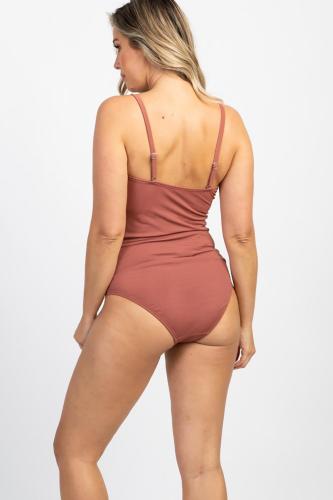 Red Ribbed Snap Front One-piece Maternity Swimsuit