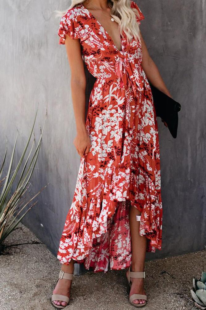 Red Floral High Low Pocketed Tie Maxi Dress