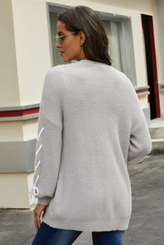 Gray Soft Long Sleeve Cardigan with Stitch Detail