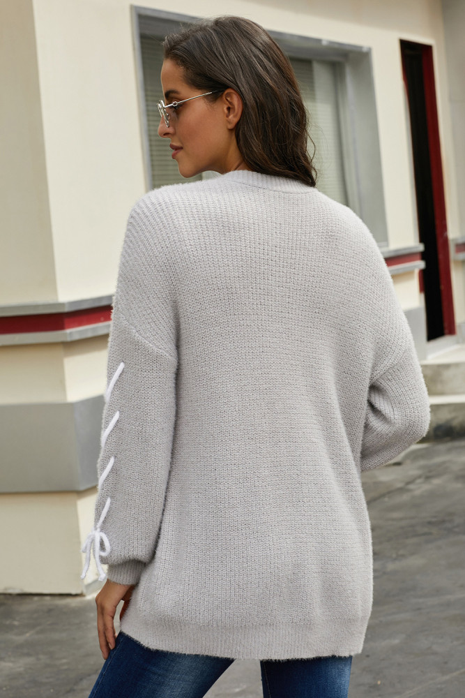 Gray Soft Long Sleeve Cardigan with Stitch Detail