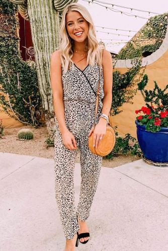 Beige Wrap V Neck Leopard Print Spaghetti Strap Long Pants Jumpsuit