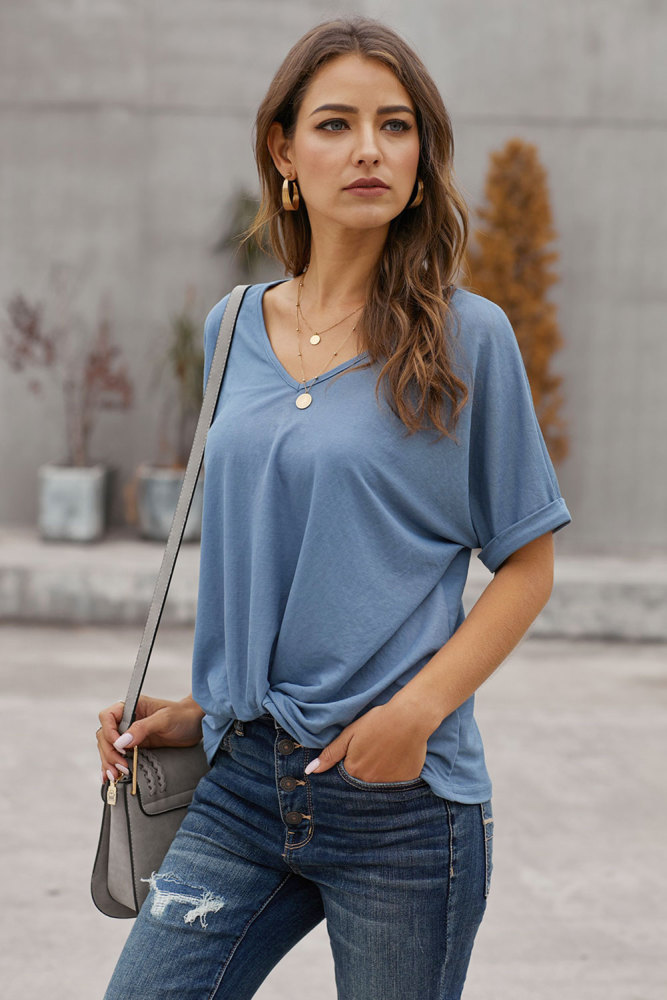 Blue Plain Short Sleeve Twist Tee