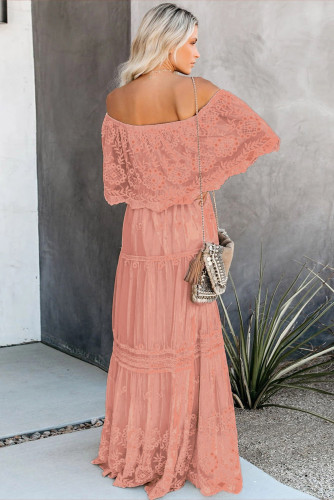 Pink Flower Child Off The Shoulder Lace Maxi Dress