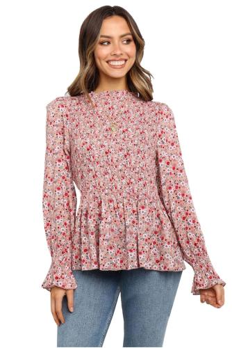 Red High Neck Boho Floral Blouse