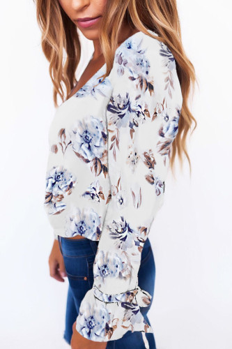 White Floral Print Crisscross Front Flare Sleeve Blouse