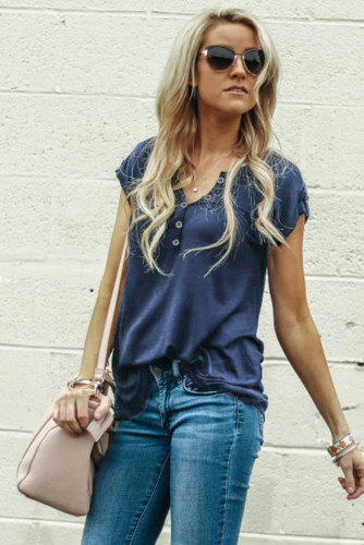 Blue Buttoned Detail Cotton Blend Short Sleeve T-shirt