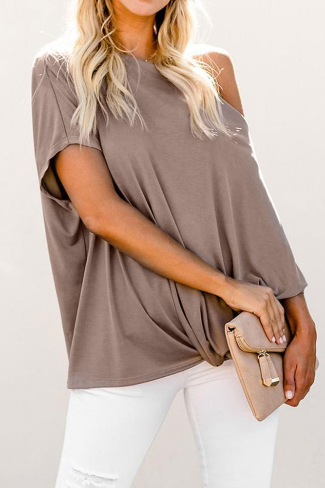 Apricot Off-The-Shoulder Slash Neck Casual Loose Fitting Top