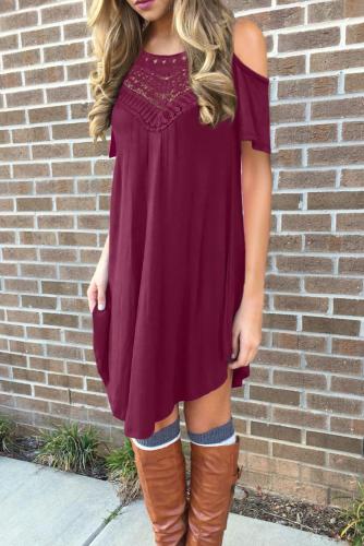 Red Lace Hollow-out Cold Shoulder Casual Dress