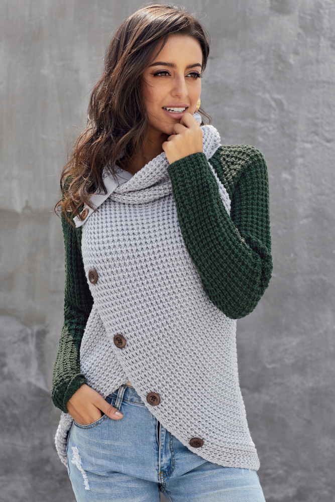 Green Button Turtle Cowl Neck Asymmetric Hem Wrap Pullover Sweater