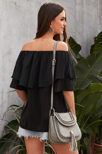 Black Soft Breeze Frilling Off-shoulder Top