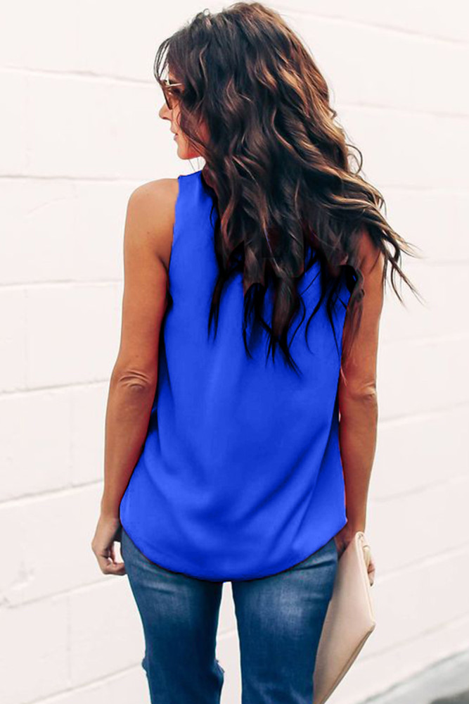Blue Ruffle Trim Neckline Tank Top