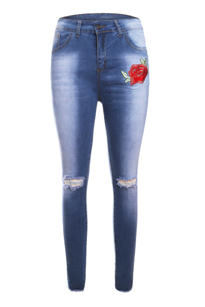 Rose Embroidered Knee Distress Blue Skinny Jeans