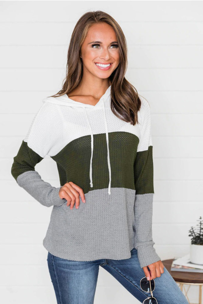 Green Color Block Drawstring Thumbhole Hoodie