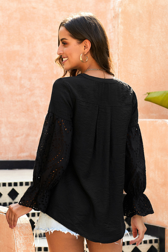 Black Rekindle Eyelet Button Down Top