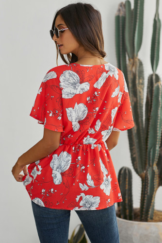 Red Floral Printed Twist Blouse