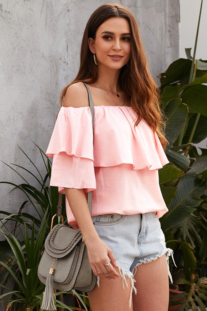 Pink Soft Breeze Frilling Off-shoulder Top