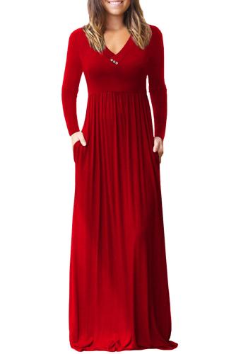 Red V Neck Pocket Style Long Jersey Dress