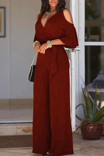 Wine V Neck Straps Wide Legs Long Jumpsuit