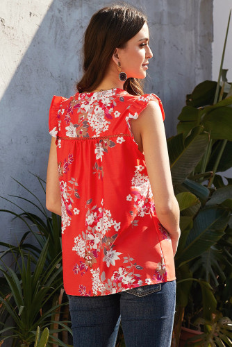 Red Ruffled Cap Sleeve Printed Split Neck Tank Top