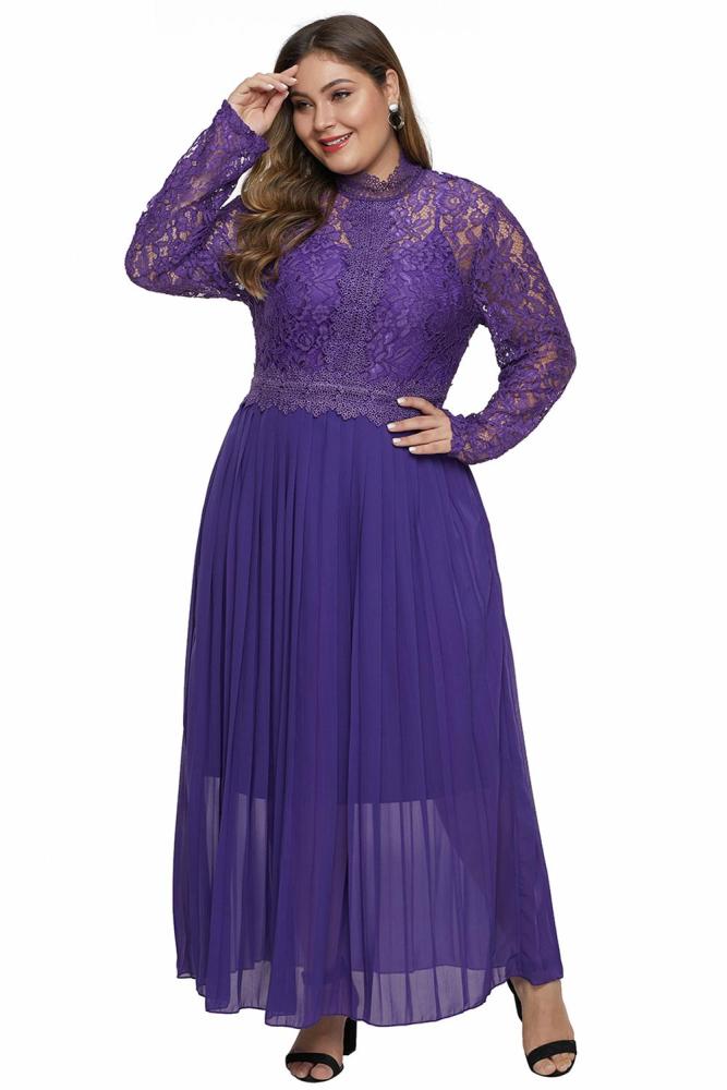 Purple High Neck Long Sleeve Lace Top Plus Size Maxi Dress