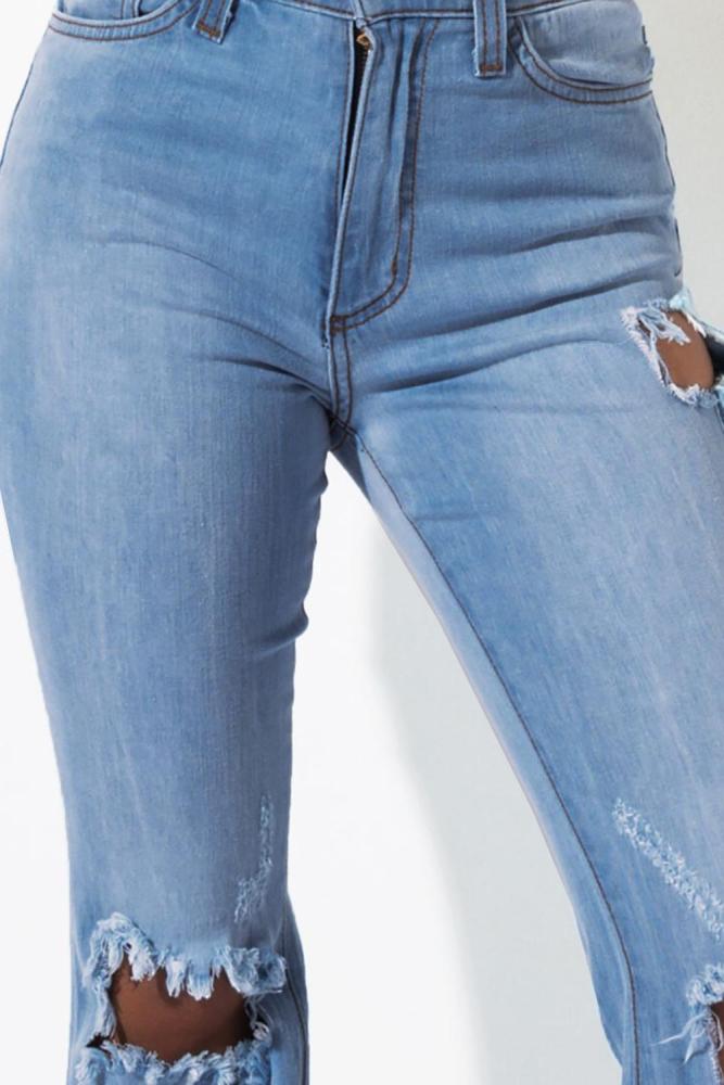 Sky Blue High Waisted Distressed Flare Jeans
