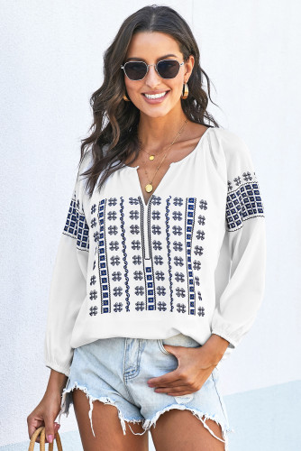 Blue Ethnic Embroidery V Cut Neck 3/4 Sleeve Top