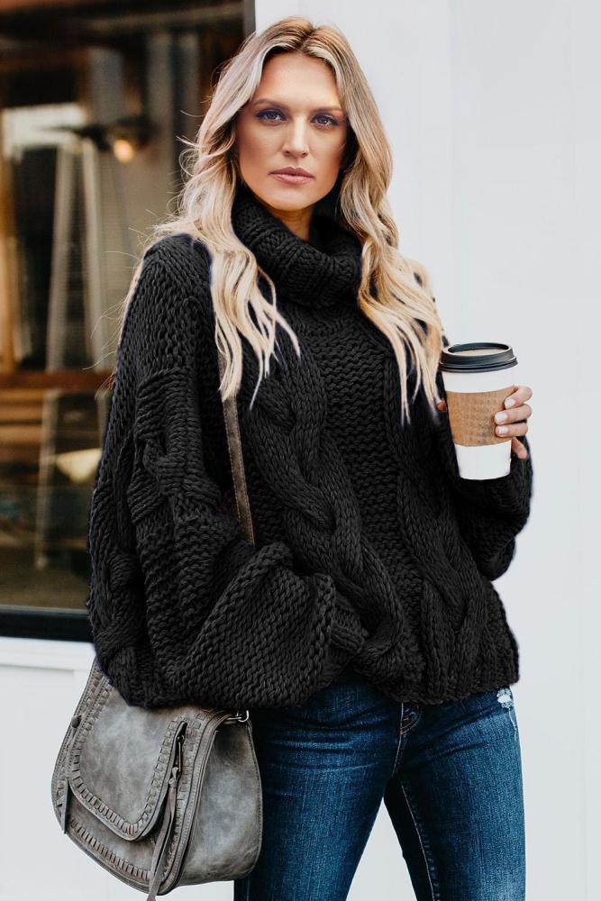 Black Cuddle Weather Cable Knit Handmade Turtleneck Sweater