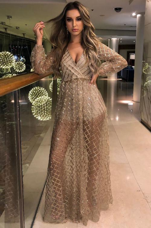 Apricot Glittering Checked Pattern Sheer Gown