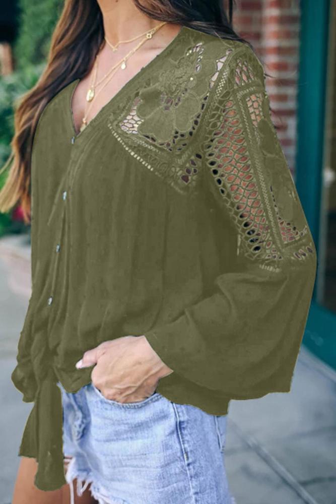 Green Against The Grain Swiss Dot Crochet Tie Top