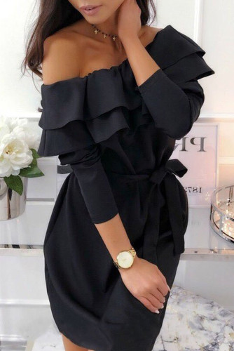 Black Double Frill Off Shoulder Long Sleeve Dress