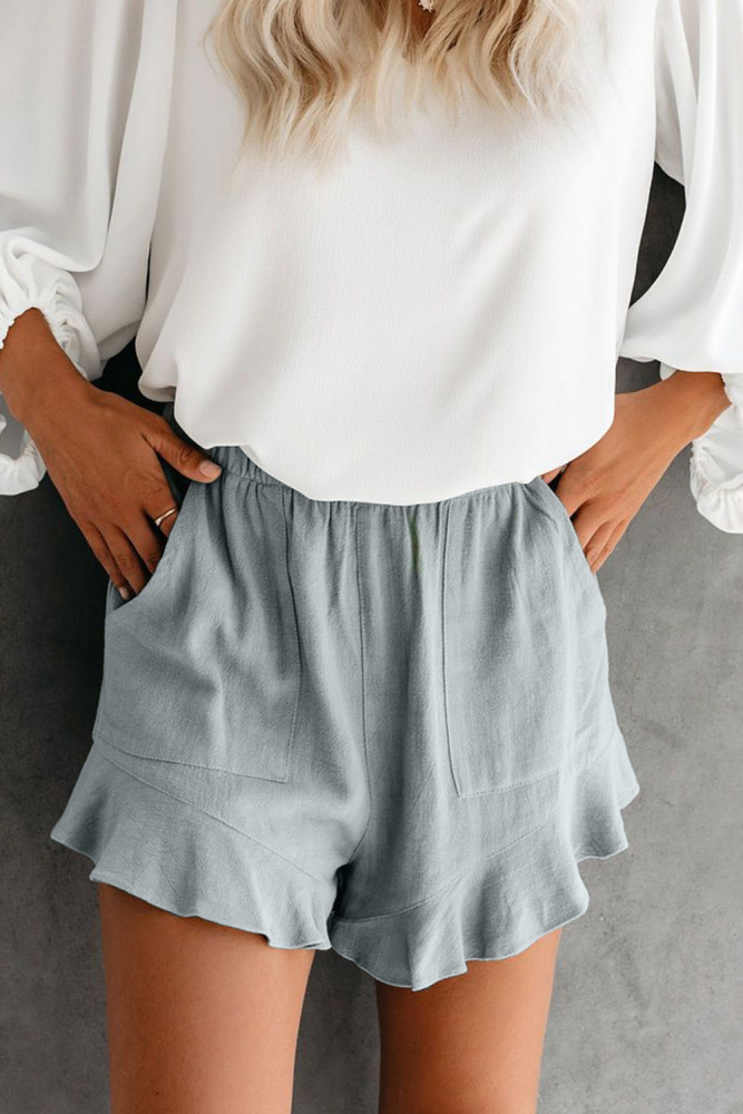 Gray Blue Linen Cotton Pocketed Flutter Shorts