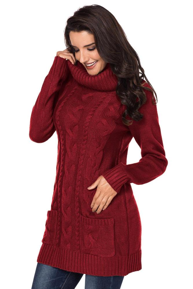 Red Cowl Neck Cable Knit Sweater Dress