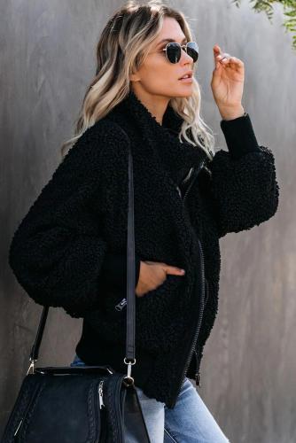 Black Cool For The Winter Pocketed Teddy Jacket