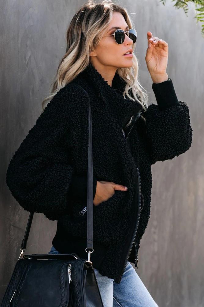 Black Cool For The Winter Pocketed Teddy Jacket