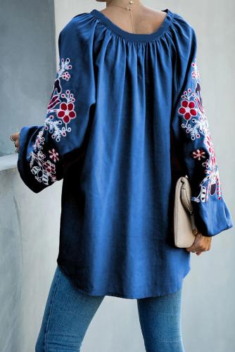Blue Relaxing Fit Embroidered Peasant Top