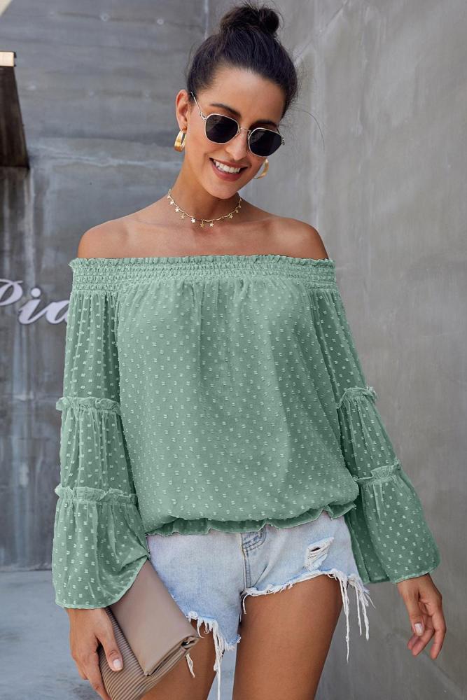 Green Swiss Dot Off The Shoulder Top