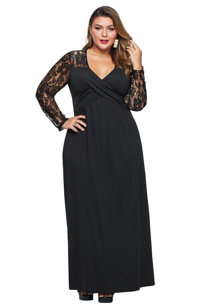 Black Lace Sleeve Cross Wrap Bust Ruched Back Plus Size Dress