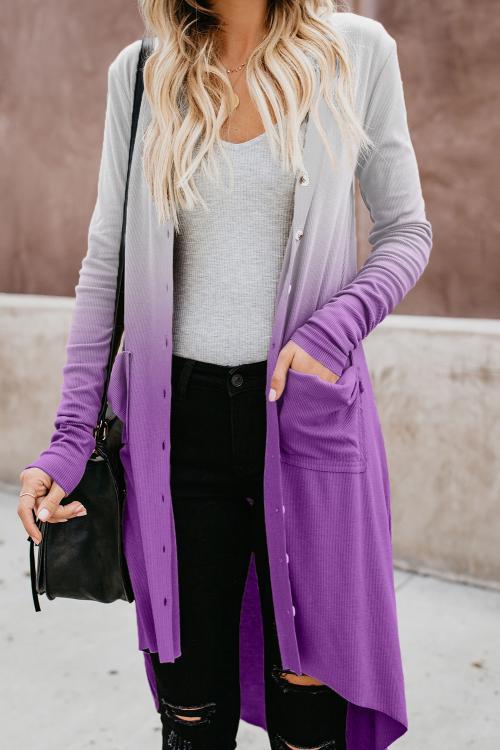 Purple Ombre Button Down Pocketed High Low Cardigan
